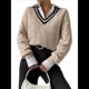 thumbnail image 2 of Suéteres Holgados con Cuello en V para Mujer, Jersey de Punto de Larga, Suéter Grueso A Rayas, Blusas Casuales de Tenis Tipo Túnica Caqui M, 2 of 8