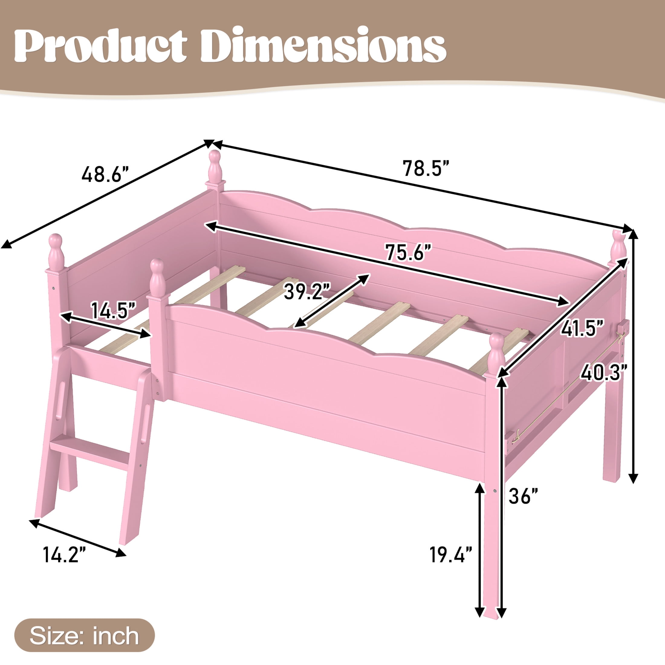 GDF Studio Twin Size Low Loft Bed with Guardrails, Ladder & Side Bookshelf, Chic Design, Pink