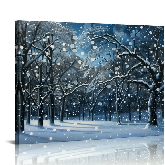 FCXZI Snowy Night Trees Falling Snow Canvas Prints Wall Art Decor Modern Ready To Hang Home Room Decoration 16x12in