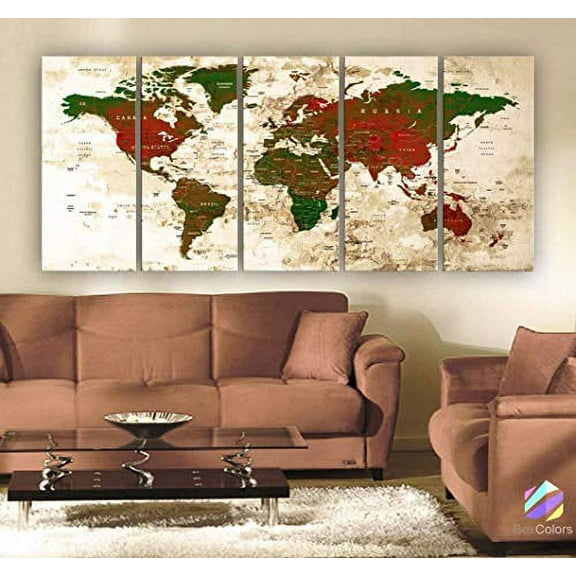 Original by BoxColors Xlarge 30"x 70" 5 Panels 30x14 Ea Art Canvas Print Watercolor Green Red Map World Push Pin Travel Wall decor (framed 1.5" depth) M1824