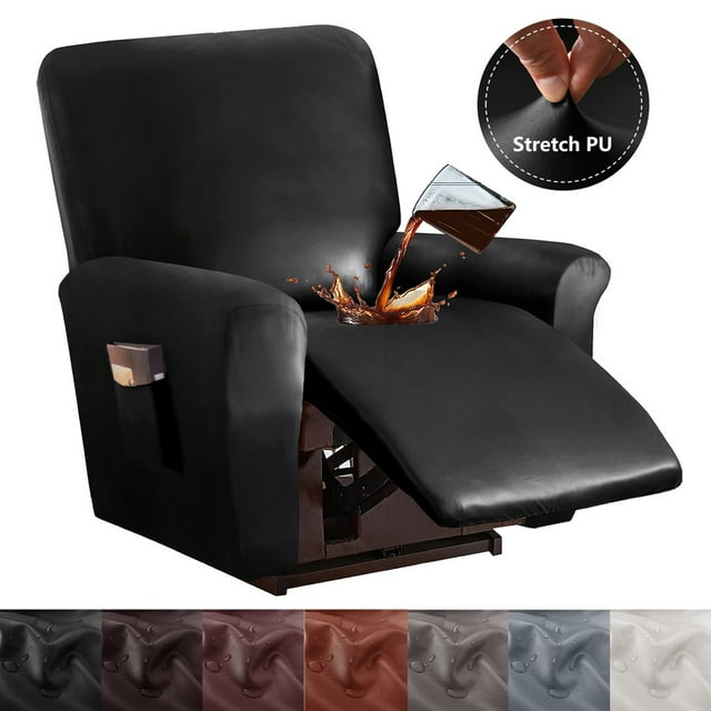 Housse de Fauteuil Inclinable en Cuir PU 2024, 4 Pcs, Imperméable, Extensible, Housse de Fauteuil Inclinable/canapé, Protège-Meubles avec Poches, 1 Place/noir
