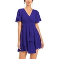 thumbnail image 4 of Aiyino Women's Dress Deep V-Neck Short Sleeve Waist Tie Ruffle Mini Swing Skater Dresses,Royal Blue, 4 of 9