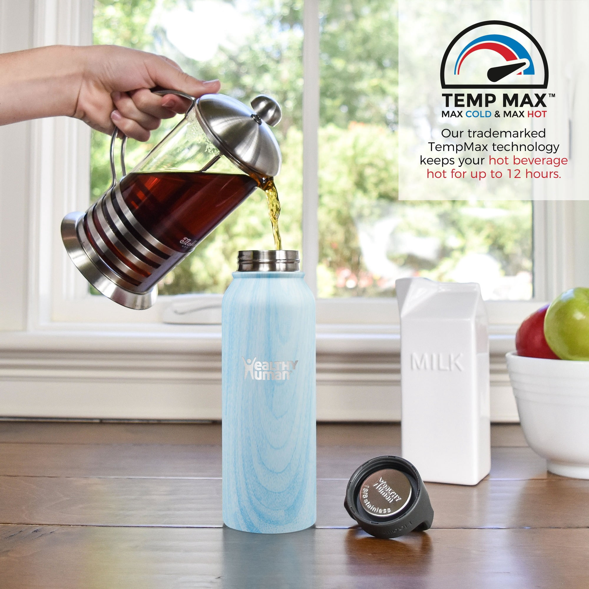 Healthy Human Stainless Steel Water Bottle | Double Walled Vacuum Insulated Water Thermos for Adults | Eco-Friendly Travel Bottles with Leak Proof Lid (Blue Wood, 21 oz/ 621 ML)