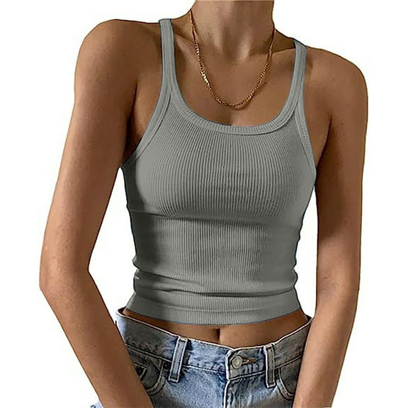 Rciityk Gray Women Spaghetti Strap Tank Top Summer Round Neck Solid Color Slim Fitted Camisole