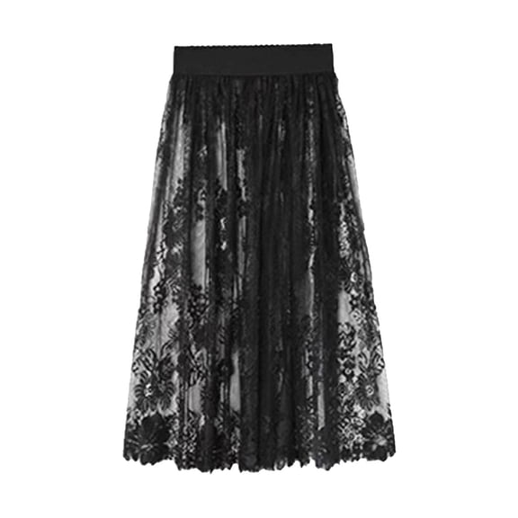 Samdudou Womens Skirts Maxi Skirt High Waisted Lace Long Skirt Sheer Overlay Elegant Evening Party Bottoms