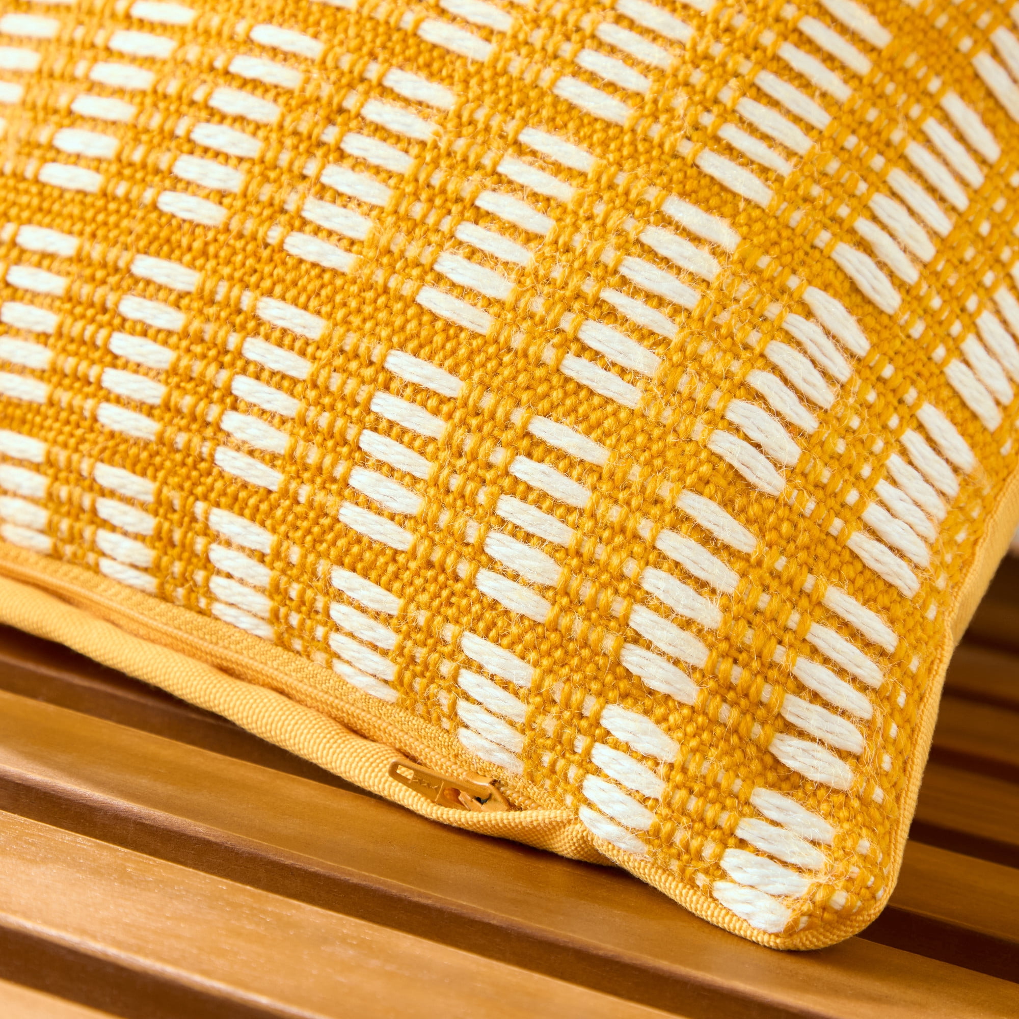 TOWN & COUNTRY TERRA Alara Textured Geo Stripe Handcrafted Indoor Outdoor Decorative Pillow, 100% Recycled Materials, UV Fade Resistant, Water Repellent, Yellow/Ivory, 20"x20"