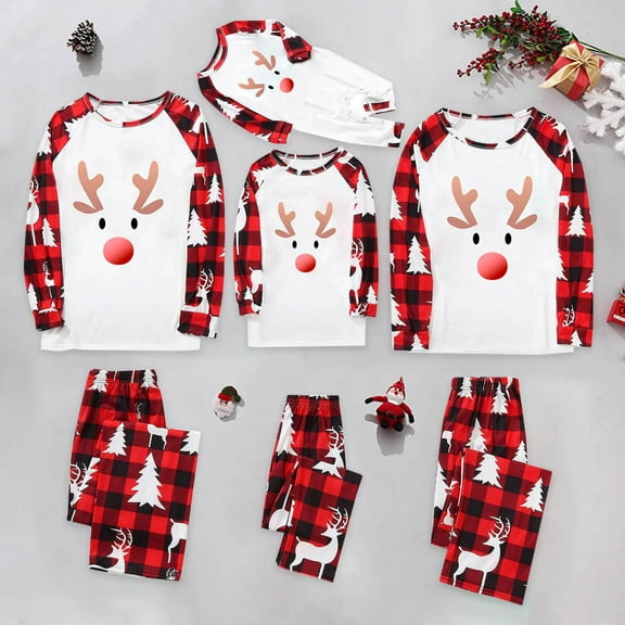 Odeerbi Christmas Pajamas for Family Holiday Long Sleeve Family Christmas Pajamas Matching Sets Dad Parent Child Outfit Printed Loungewear Two-Piece Sleepwear Xmas PJs Set White