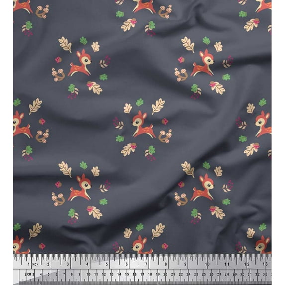 Soimoi Cotton Cambric Fabric Leaves,Mushroom & Deer Kids Print Fabric by The Yard 42 Inch Wide