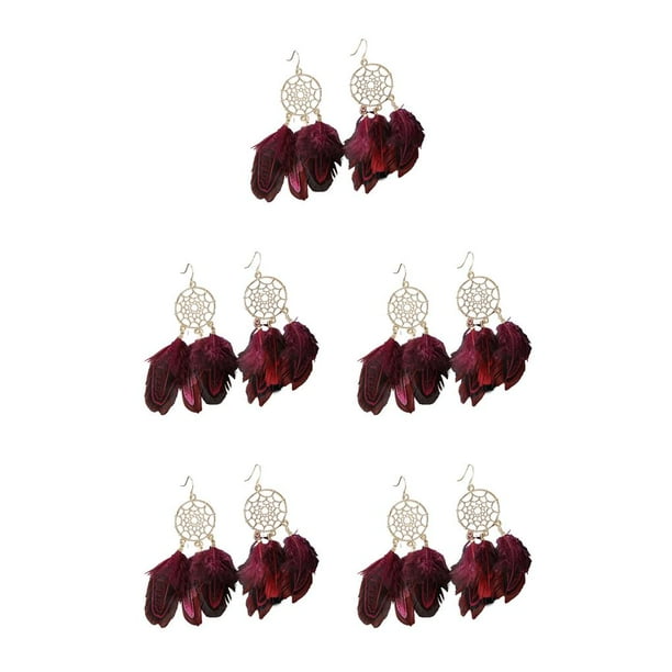 Guardurnaity 1 par de pendientes de mujer bohemios hermosas plumas exquisitas orejas mujeres moda chicas joyería para decoración vino rojo Vino rojo 5piezas