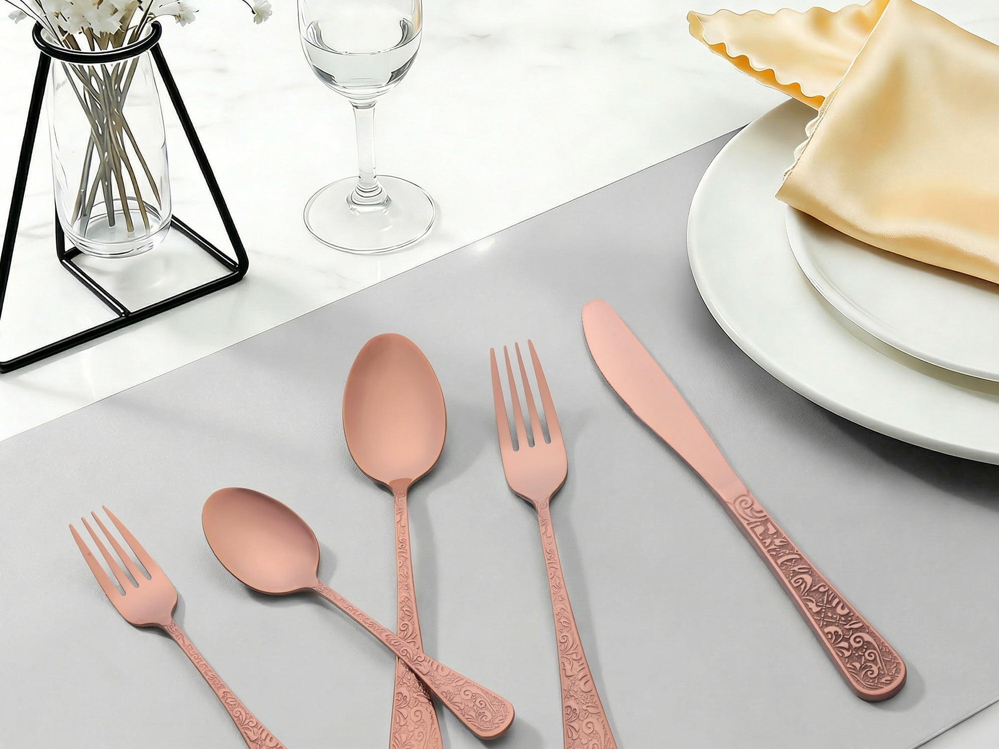 Unique Bargains 20 Pieces Stainless Steel Flatware Set Mirror Polished Cutlery Rose Gold