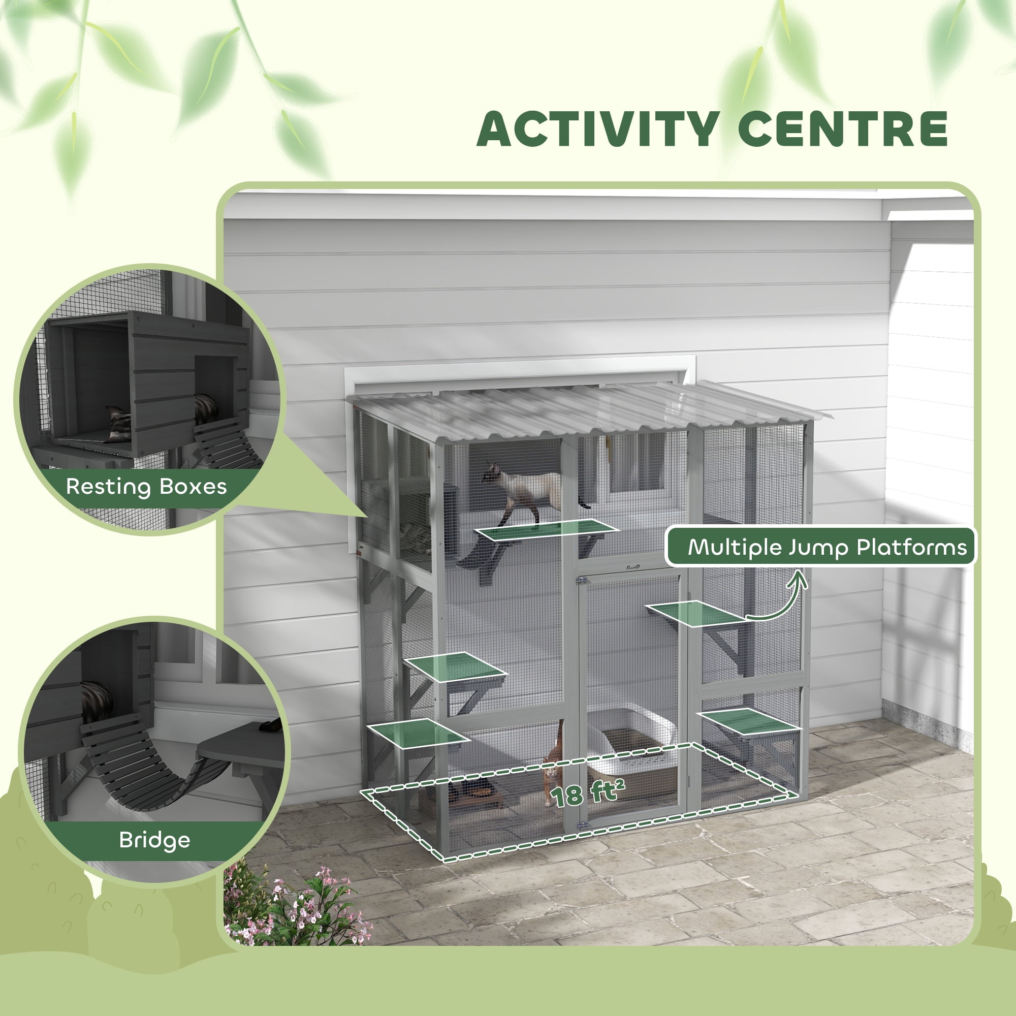 PawHut Catio, Outdoor Cat Enclosure Window Box Wooden Cat House w/ Weather Protection Roof for 2 Kitties with Resting Box, Platforms & Bridge, Gray