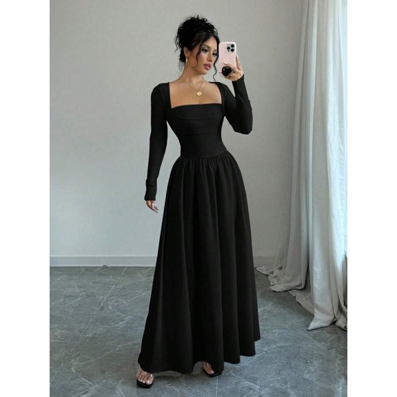 Black Womens Square Neck Long Sleeve Cinched Waist A-Line Maxi Dress