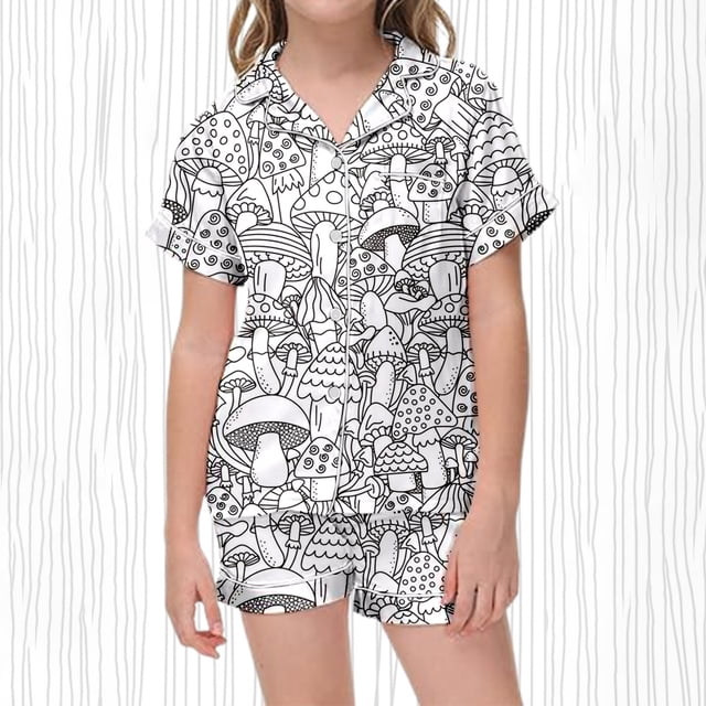 Girls DIY Printed Lapel Short Sleeve Top and Comfortable Shorts Pajama Set with Cute Buttons Breathable Home Wear