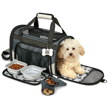 Mobile Dog Gear, Pet Carrier Plus, Small Dog Carrier Includes 2 Lined Food Carriers, Placemat and 2 Collapsible Dog Bowls, Gray