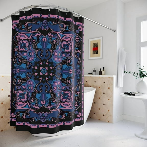 Pink Dancing Skeleton Shower Curtain, Spooky Goth Vaporwave Bath Accent in Pastel Candycore Hues, Cute Dark Cyberpunk Bat & Skull Home Decor 60x72in