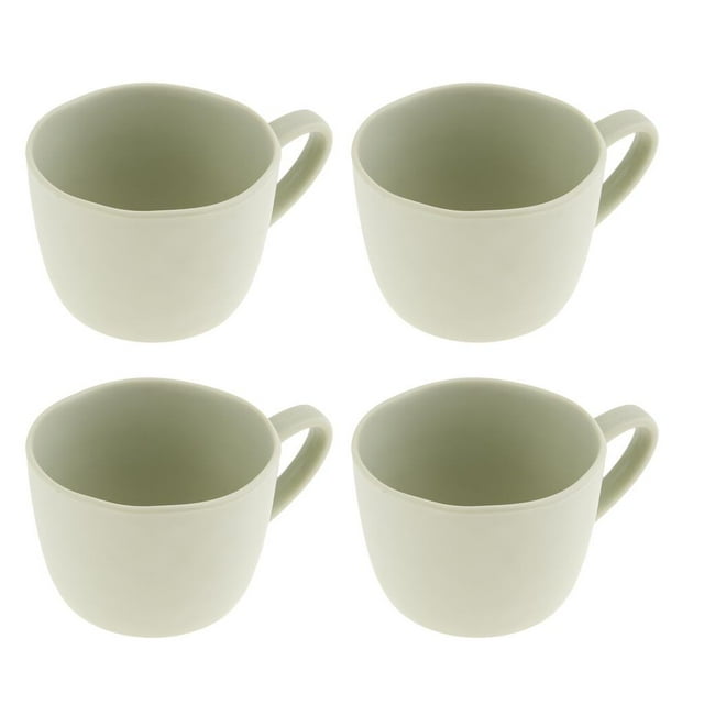 tazas de café de melamina de 4 piezas / tazas de té / tazas de / taza de espresso con verde claro Conjunto de cuatro tazas color verde claro en melamina con asa, composición en cuadrante (vistas frontal y superior), silueta redondeada y acabado liso, tamaño compacto (94x68 mm según especificación), reutilizables e ideales para reuniones, picnics o terrazas.