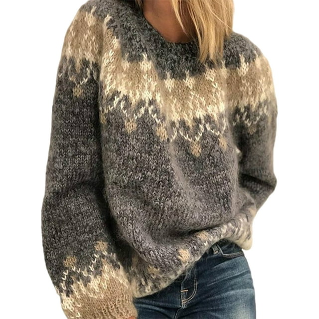 MAWCLOS Women Knitted Sweaters Long Sleeve Sweater Crew Neck Jumper Tops Cozy Work Winter Warm Pullover Gray S