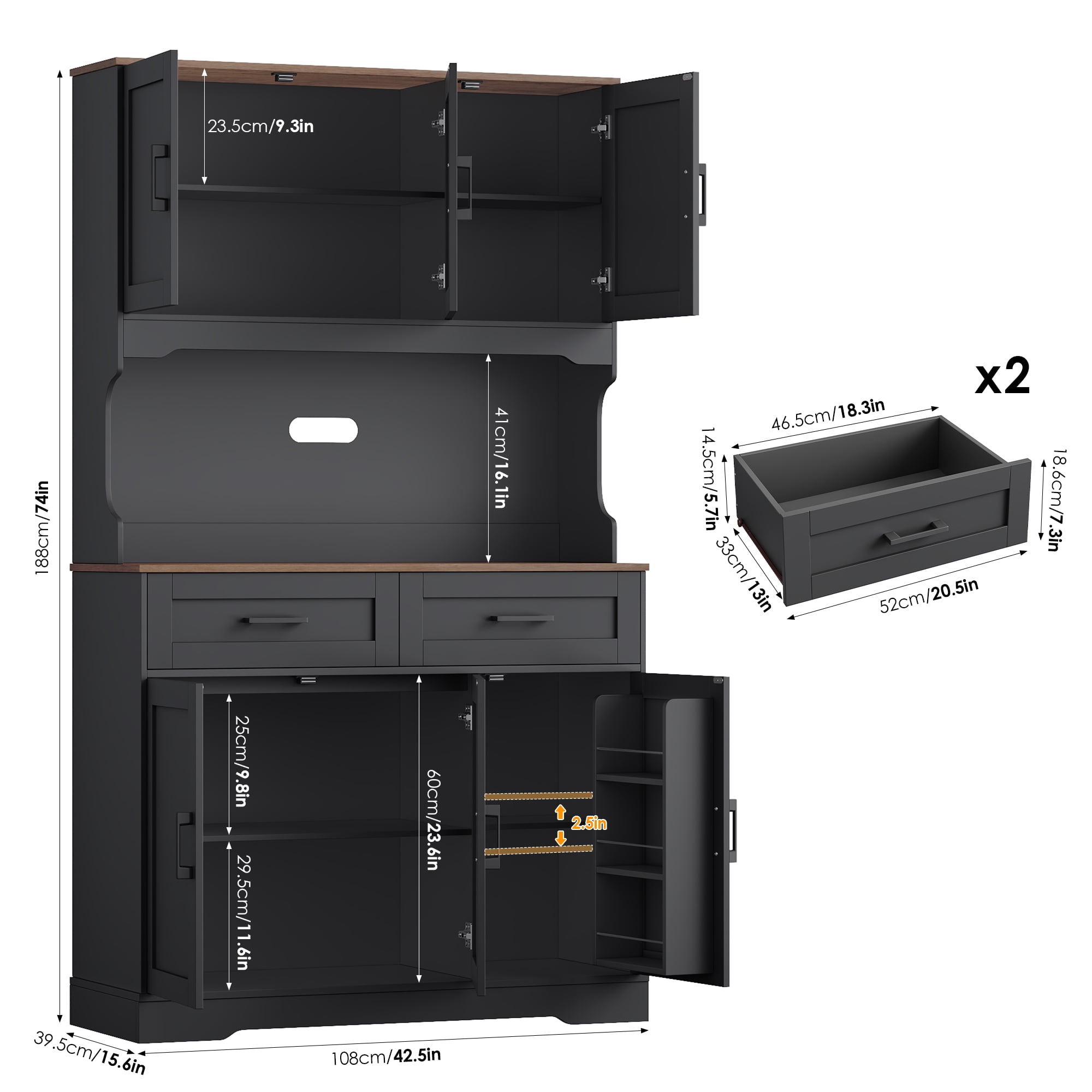 Homfa 74"H Pantry Cabinet with Hutch, Tall Kitchen Storage Cabinet with Microwave Stand and Drawers for Living Room, Dining Room, Black