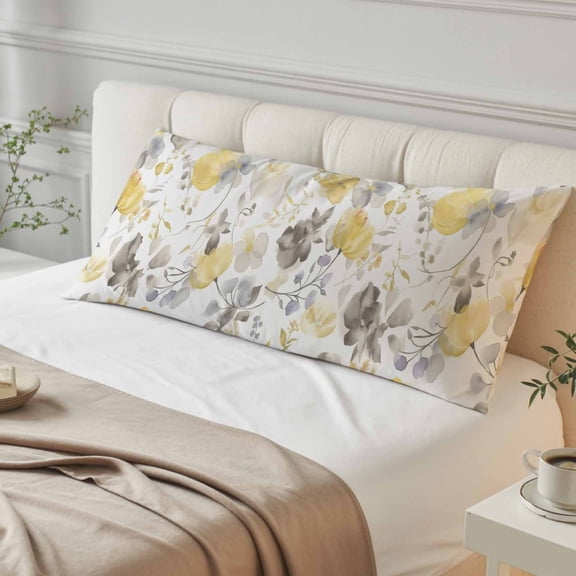 Yellow Grey Botanical Body Pillow Cover, Pillowcase Protectors with Zipper, Breathable Decorative Throw Pillow Case Cover, Spring Floral Watercolor Pillow Shams for Couch Sofa 20x60Inch