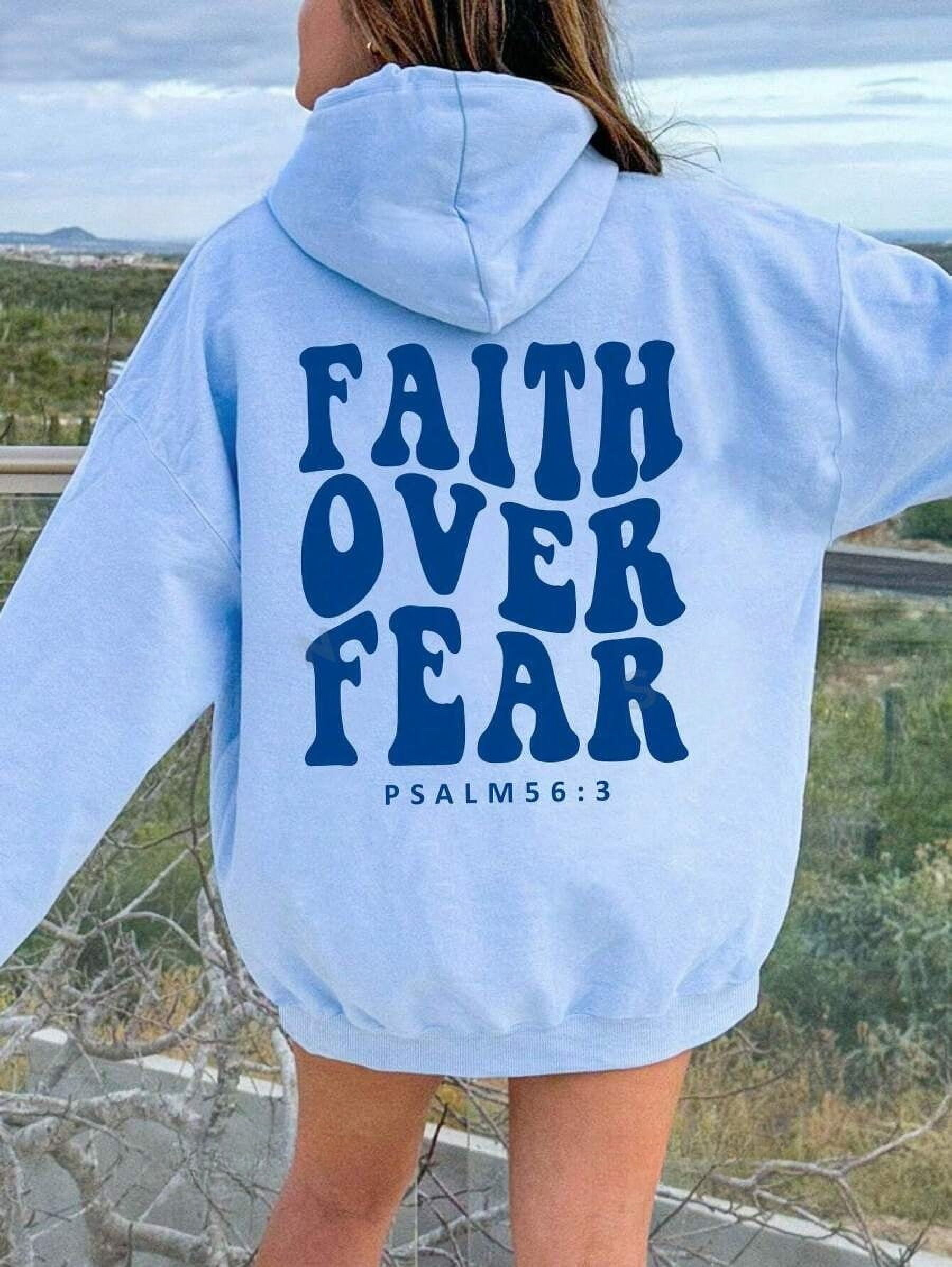 Women's Hooded Sweatshirt With Slogan Print And Kangaroo Pocket FAITH OVER FEAR PSALM