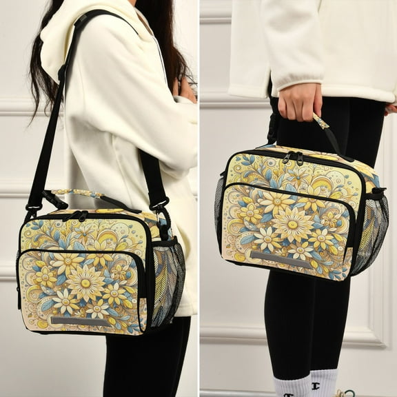 Elegant Flowers Yellow Lunch Bag Cooler Bag Cooling Tote Portable Shoulder Strap Interior Pockets for Picnic Travel