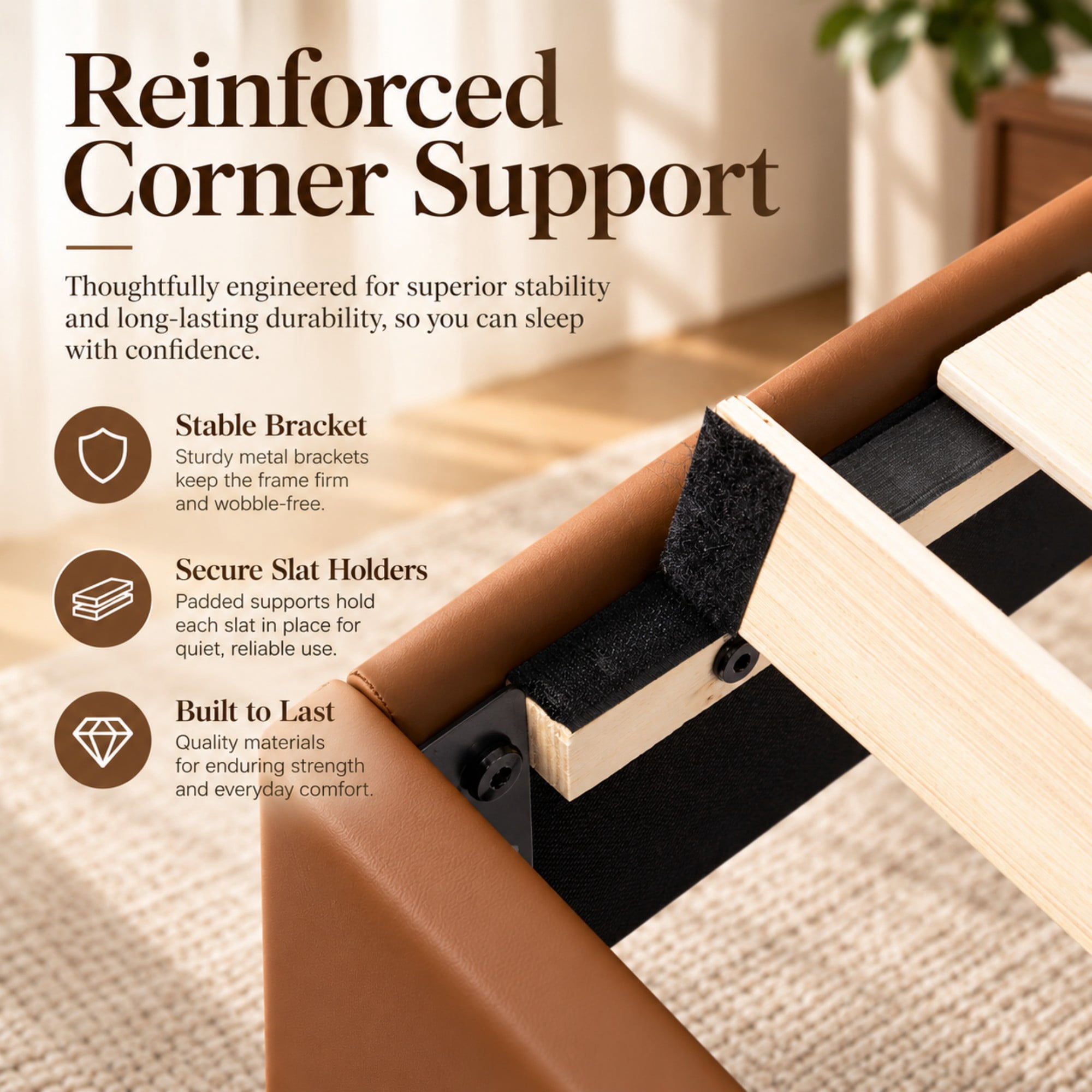 BSHTI Full Size PU Leather Platform Bed Frame with Upholstered Headboard, Wood Slats Support, No Box Spring Needed for Bedroom(Brown)
