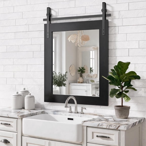 18x26-Inch Farmhouse Bathroom Mirror with Faux Wood Grain Frame, Rustic Wall Mounted Vanity Mirror and Decorative Mirror for Bathroom, Black