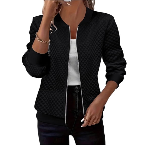 Women's Casual Fashion Solid Color Long-sleeved Zipper Jacket Black L