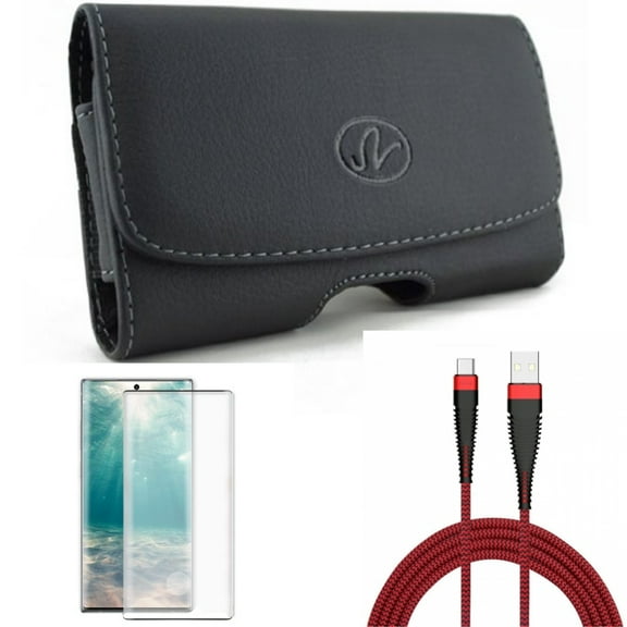 10ft USB Cable & Screen Protector & Case Belt Clip for Samsung Galaxy Note 20 (6.7") - Combo with Type-C Charger Cord & Tempered Glass (Fingerprint Unlock) & Leather Swivel