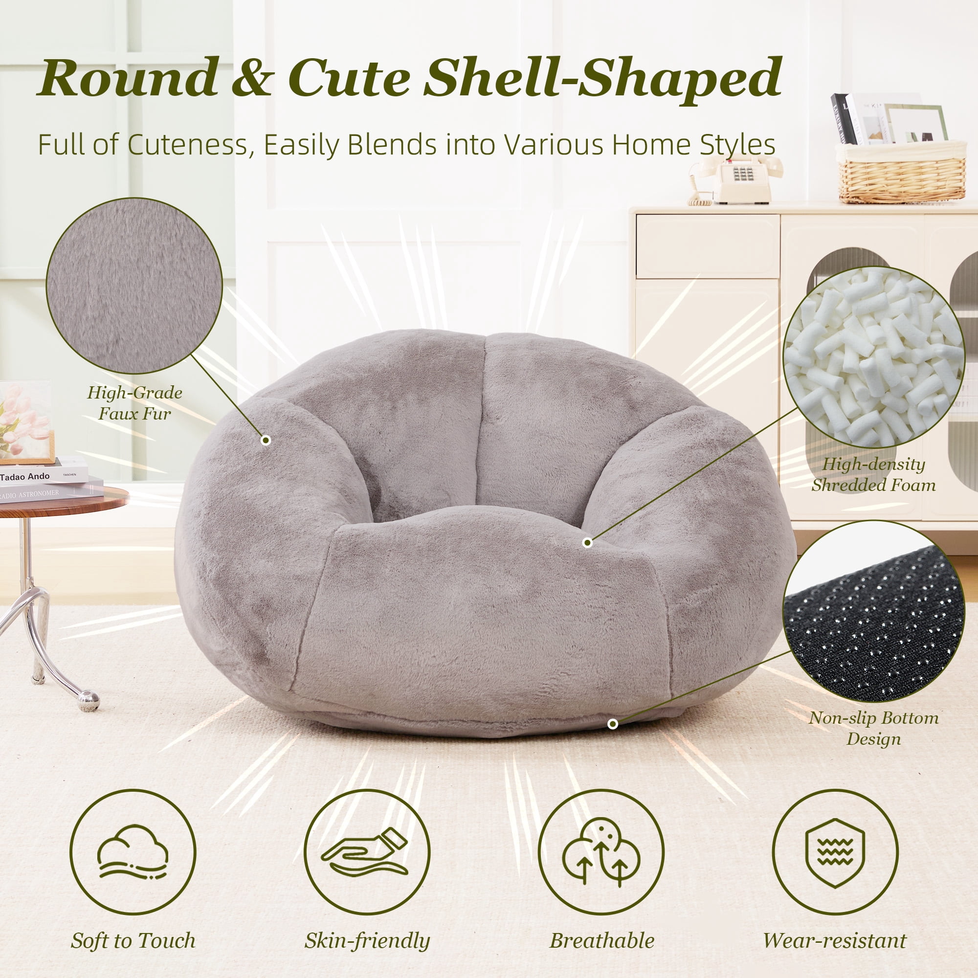 MOONMISS Bean Bag Chair for Adults & Teen,Floral Shaped Memory Foam Deep Sink-in Breathable Faux Fur Bean Bag Sofa,Easy to Clean for Living Room & Dorm,Light Gray