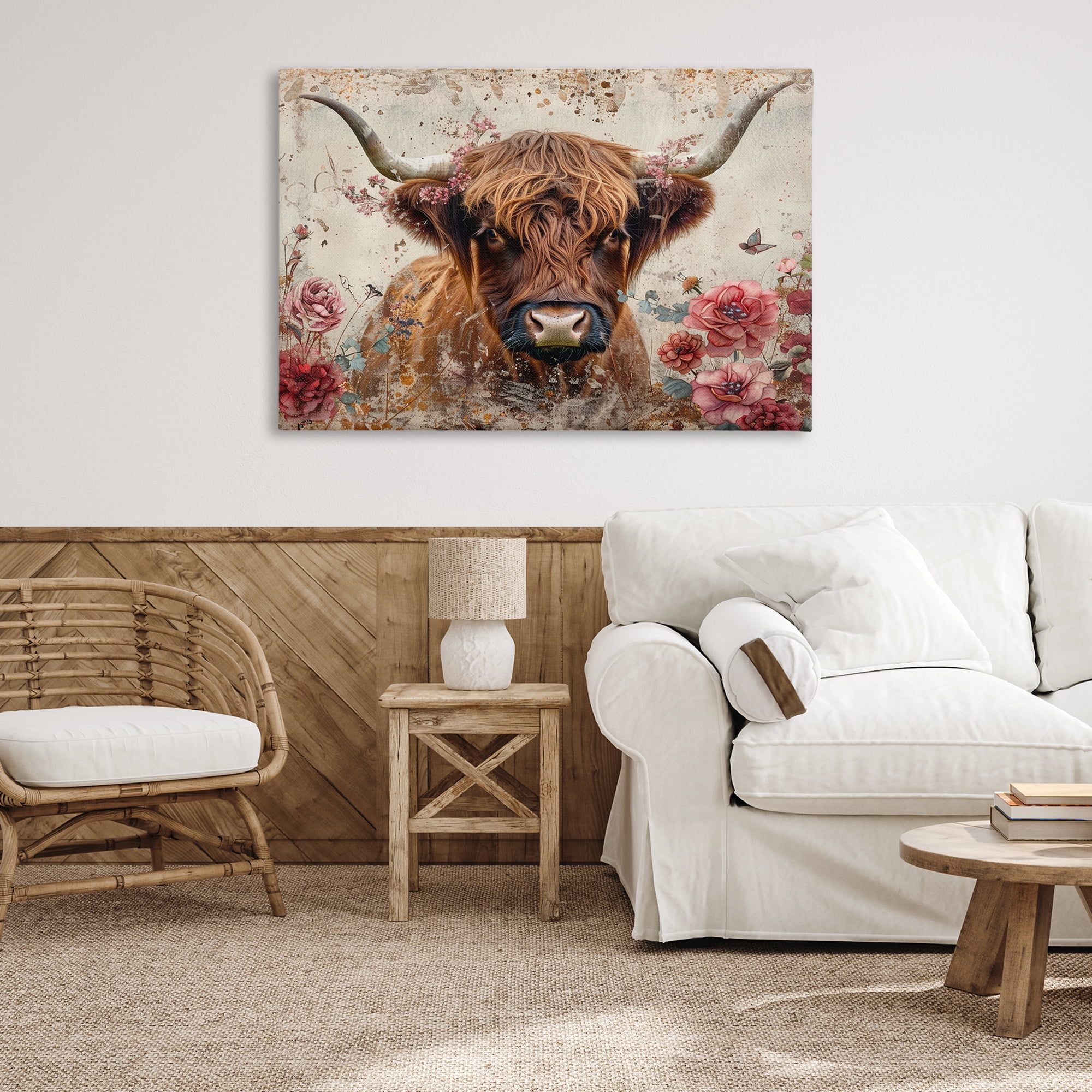 Stupell Industries Highland Cow in Spring Animals Painting Wrapped Canvas Art Print Wall Art, 45 x 30
