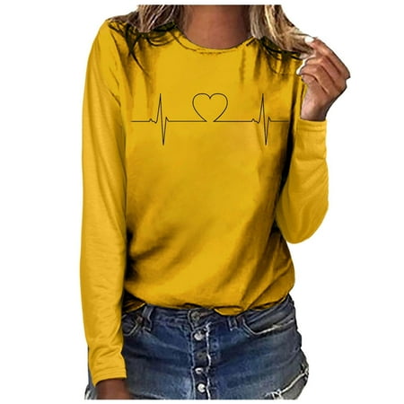 Yyeselk Electrocardiogram Print Hoodless Tops for Women Casual Round Neck Long Sleeves Sweatshirts Trendy Loose Fit Simple Style Shirts Yellow M