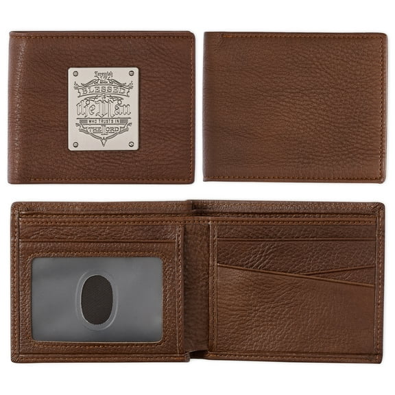 Genuine Leather RFID Wallet for Men  Blessed Is The Man Jeremiah 17:7 Metal Emblem Quality Classic Brown Leather Bifold Wallet  Christian Gifts for Men