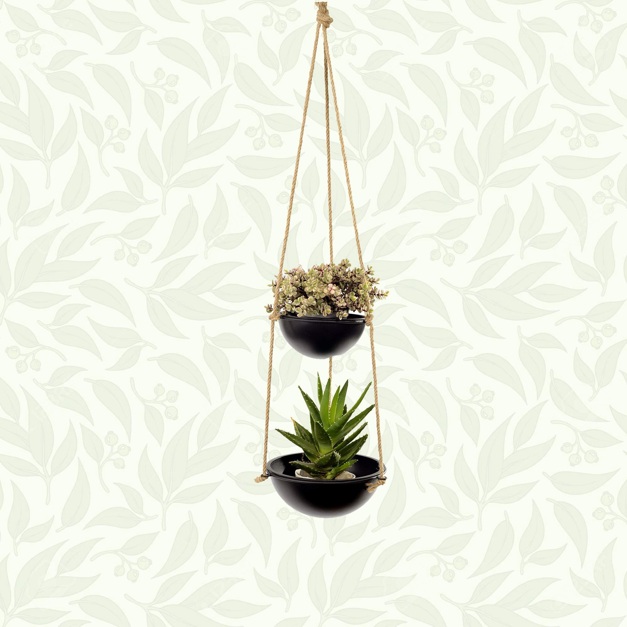 Decorative Indoor Outdoor Hanging Planter with 2 Pots and Jute Rope and Metal Hanger for Hallway Balcony Patio Deck Home Decor in Black Color for Live & Feaux Plants - Set of 2