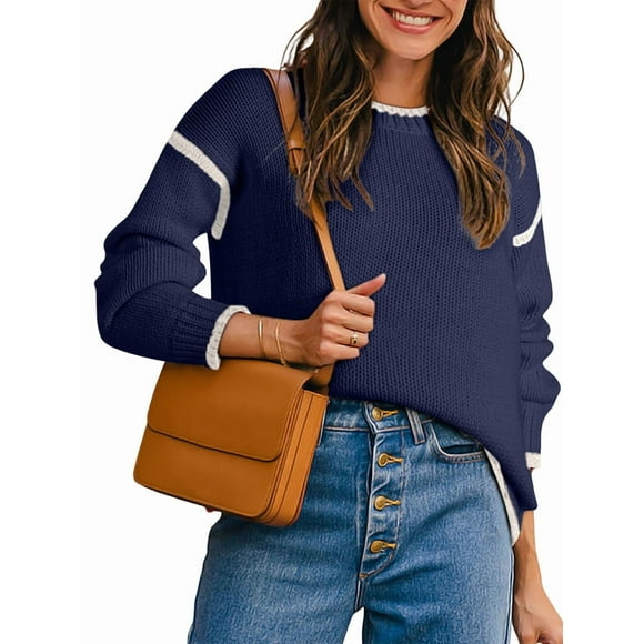Women Crewneck Sweaters Long Sleeve Knit Pullover Sweater Casual Fall Tops Navy Blue S