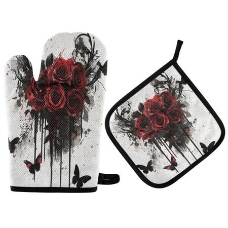 

Heat Resistant Oven Glove & Hot Pad Set Reusable and Washable Kitchen Combo for Baking BBQ Oven Microwave Black Butterflies and Red Roses