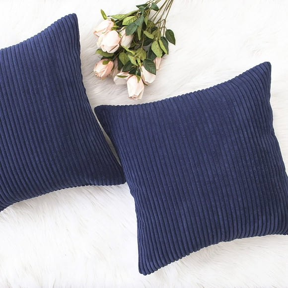 Set of 2 Decorative Pillows for Couch Pillow Protectors for Sofa, Stripes Velvet, 16x16 inches, 40x40 cm,Blue