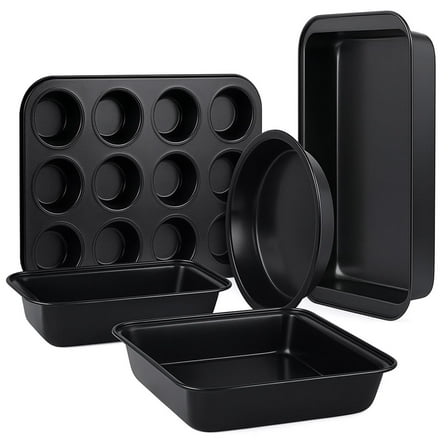 VINAUO Nonstick 5 Piece Baking Pans Sets for Kitchen,Stackable Bakeware Set,Carbon Steel Baking Set for Oven, Baking Sheet, Muffin, Cake & Loaf Pan,Dishwasher Safe,Black