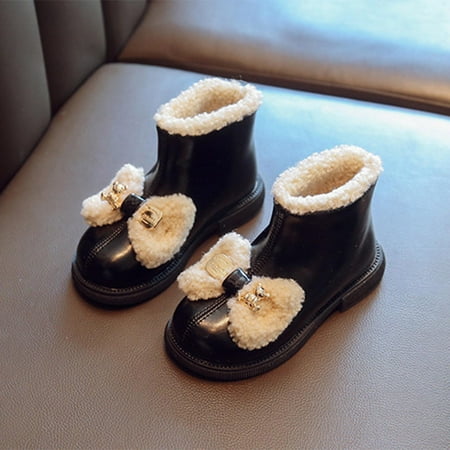 

Cathalem Simple Boots Fashion Winter Children Boots Girls Flat Bottom Non Slip Round Toe Solid Color Cute Bow Short Dress Boots Shoes Black 6 Years
