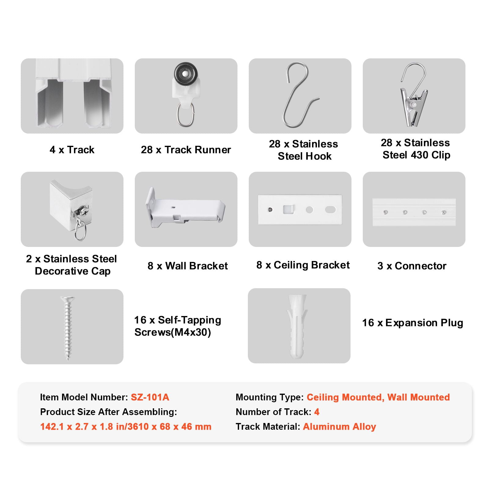 Ceiling Curtain Track Set 4-Pack 35 Inch Tracks Aluminum Alloy Smooth Sliding Ceiling or Wall Mount for Various Curtain Types