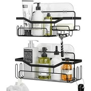 HapiRm Shower Caddy Shelf with 11 Hooks, Shower Rack for Hanging Razor, Soap and Shower Gel, No Drilling Bathroom Shelf with 3-4 Traceless Adhesive Hooks（Black)