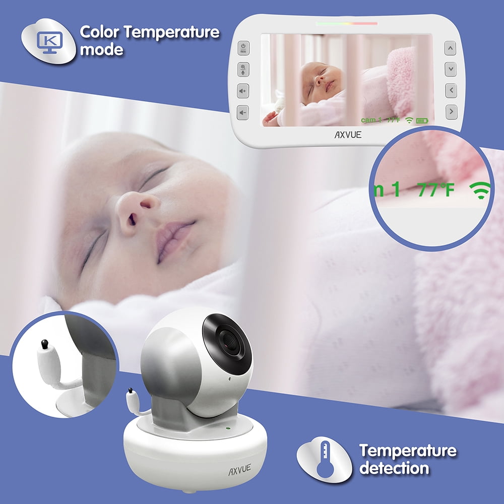 Video Baby Monitor with Remote-Controlled Camera and Wide Screen by Axvue, White & Grey, Model E650