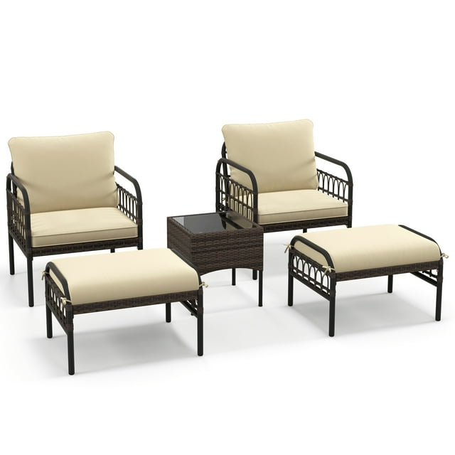 Gymax 5PCS Wicker Furniture Set PE Rattan Chair Set w/ Ottomans & Coffee Table Patio