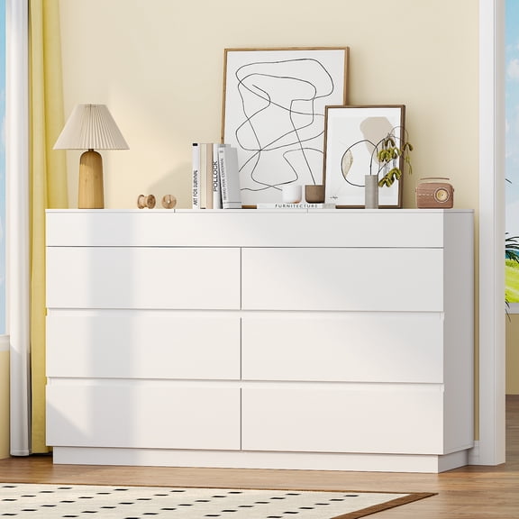 Ktaxon 6 Drawer Double Dresser with Mirrow Wood Dresser Storage Cabinet Drawer Organizer Chest of Drawers, White
