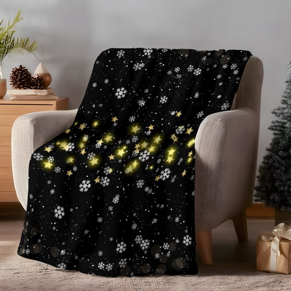Christmas Night Throw Flannel Blanket Winter Farmhouse Black Yellow Star Snowflake Super Soft Cozy Bed Blanket, Lightweight Plush Fuzzy Bed Throw for Bedroom Sofa Couch Living Room 60x80in