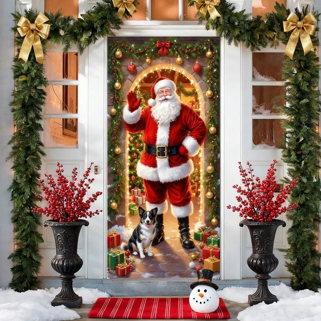 Housse de Porte de Noël Père Noël Rideau de Porte / Décoration Murale des Fêtes pour Porte d'Entrée / Tissu Polyester Festif Décoration Intérieure Extérieure pour la Maison