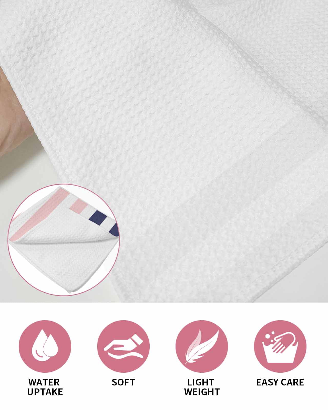 Anchor Pink Kitchen Dish Towels for Drying Dishes Set of 2, Modern Navy Blue White Striped Nautical Waffle Weave Microfiber Hand Tea Bathroom Towels Quick Dry & Absorbent Towel 12x12