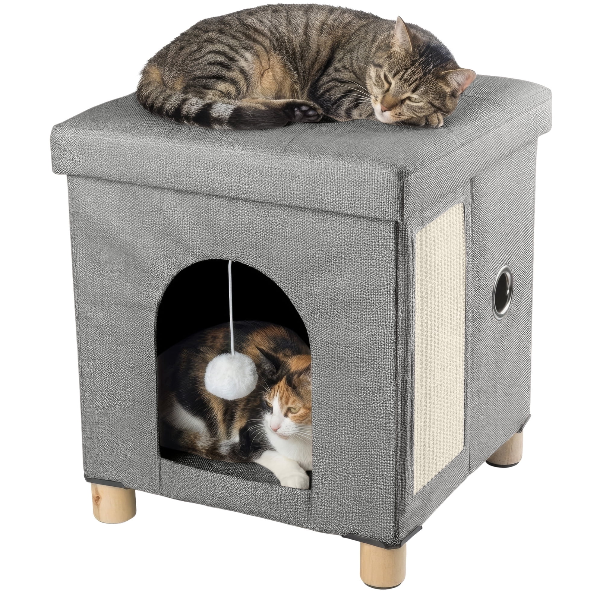 PETMAKER Indoor Cat House Ottoman Foot Rest with Sisal Board and Plush Ball Toy (Gray)