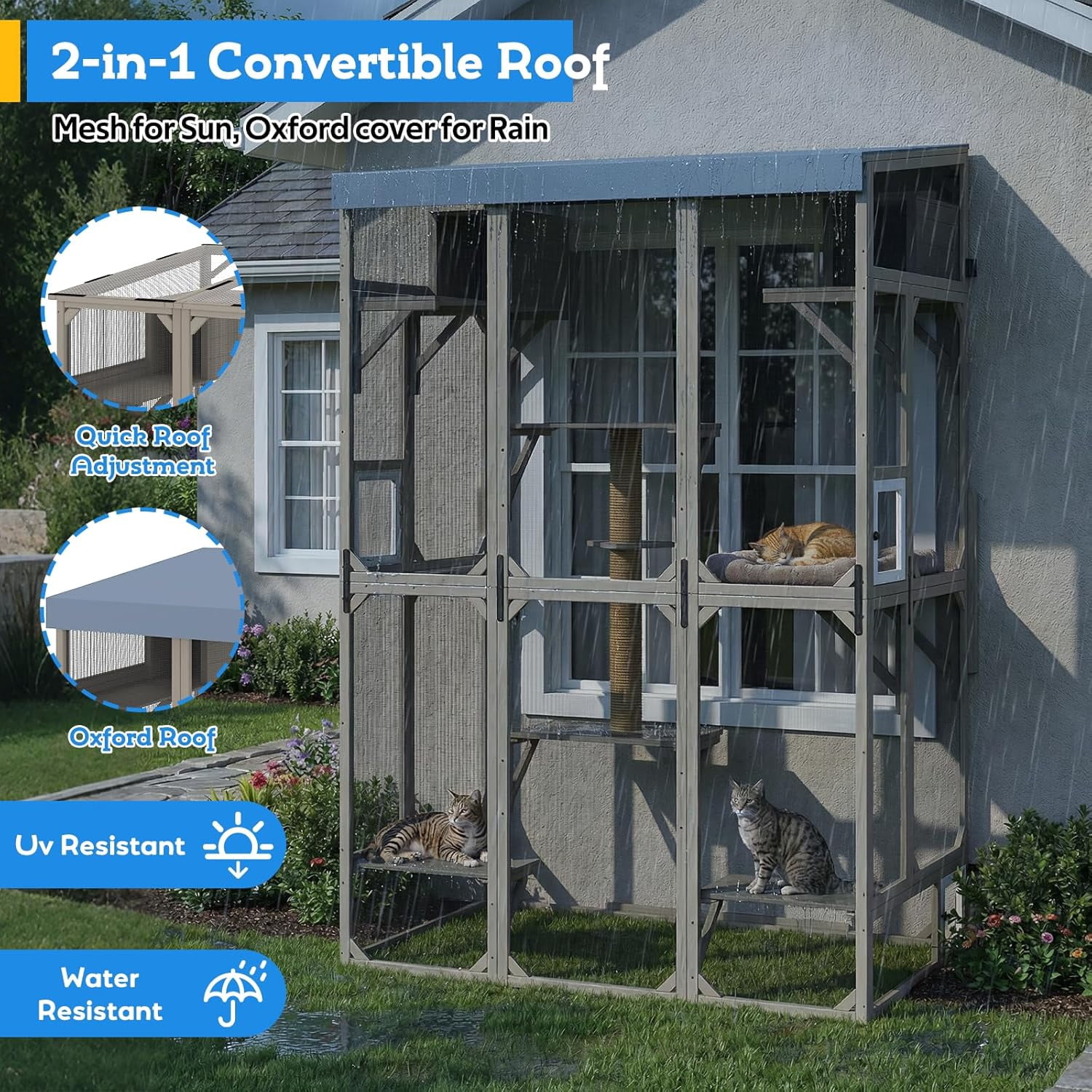 99.5" Extra-Tall Outdoor Cat Enclosure, Window-Attached Catio with 8 Platforms & Bug-Proof Mesh, Large Wooden Cat House, Grey