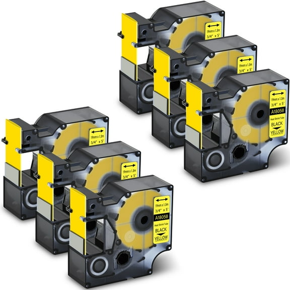 GREENCYCLE 6PK Industrial Rhino Heat Shrink Tubes Compatible for DYMO 18058 19mm 3/4" Black on Yellow Cable Label Tape